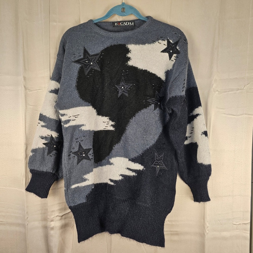 Vintage Escada Womens Gray Black Mohair Blend Embroidered Sweater 34 Medium